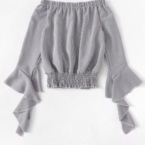 Off Shoulder Flounce Sleeve Shirred Hem Top